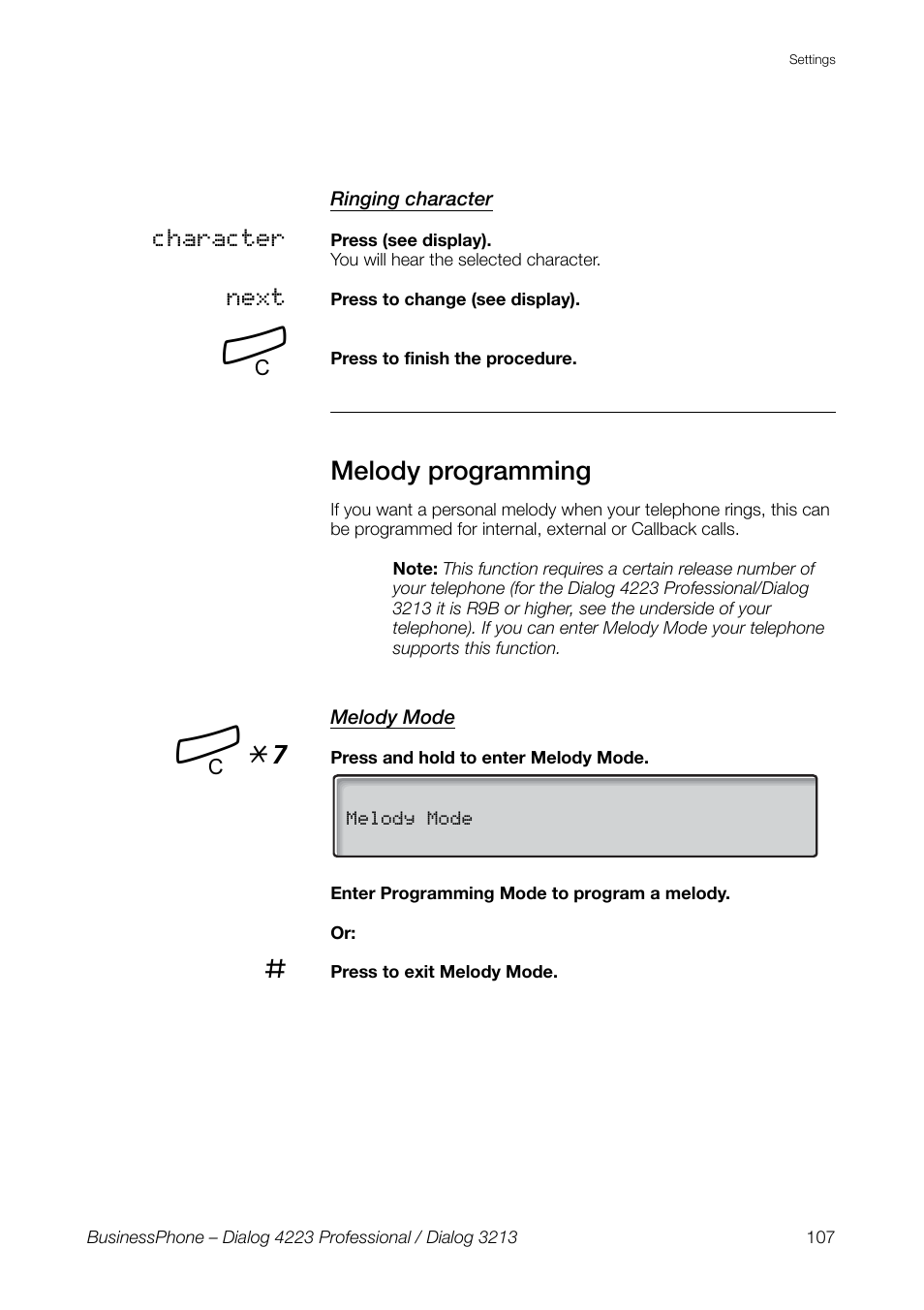 Ringing character, Melody programming, Melody mode | Í *7 | AASTRA 4223 Professional for BusinessPhone User Guide User Manual | Page 107 / 138