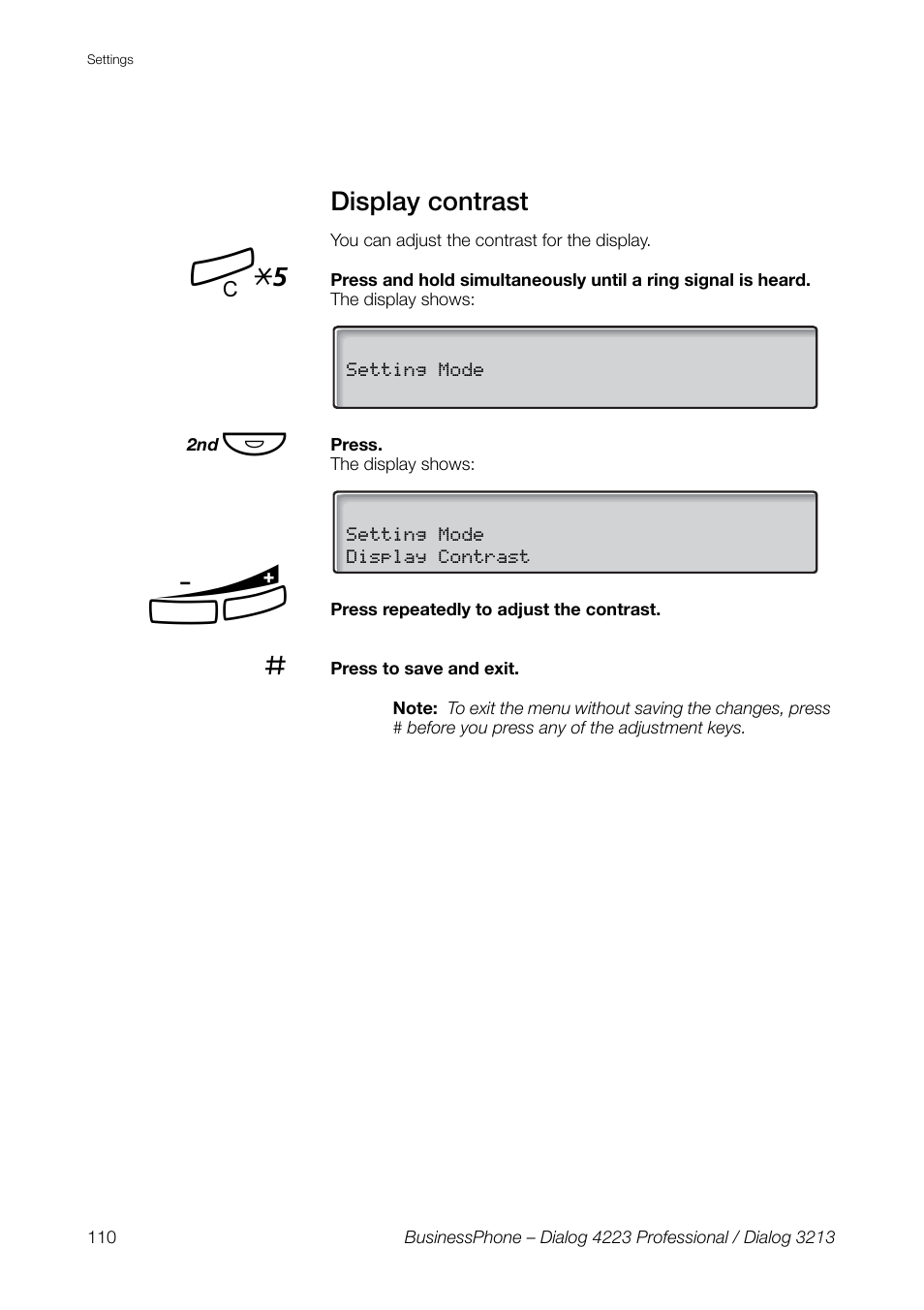 Display contrast | AASTRA 4223 Professional for BusinessPhone User Guide User Manual | Page 110 / 138