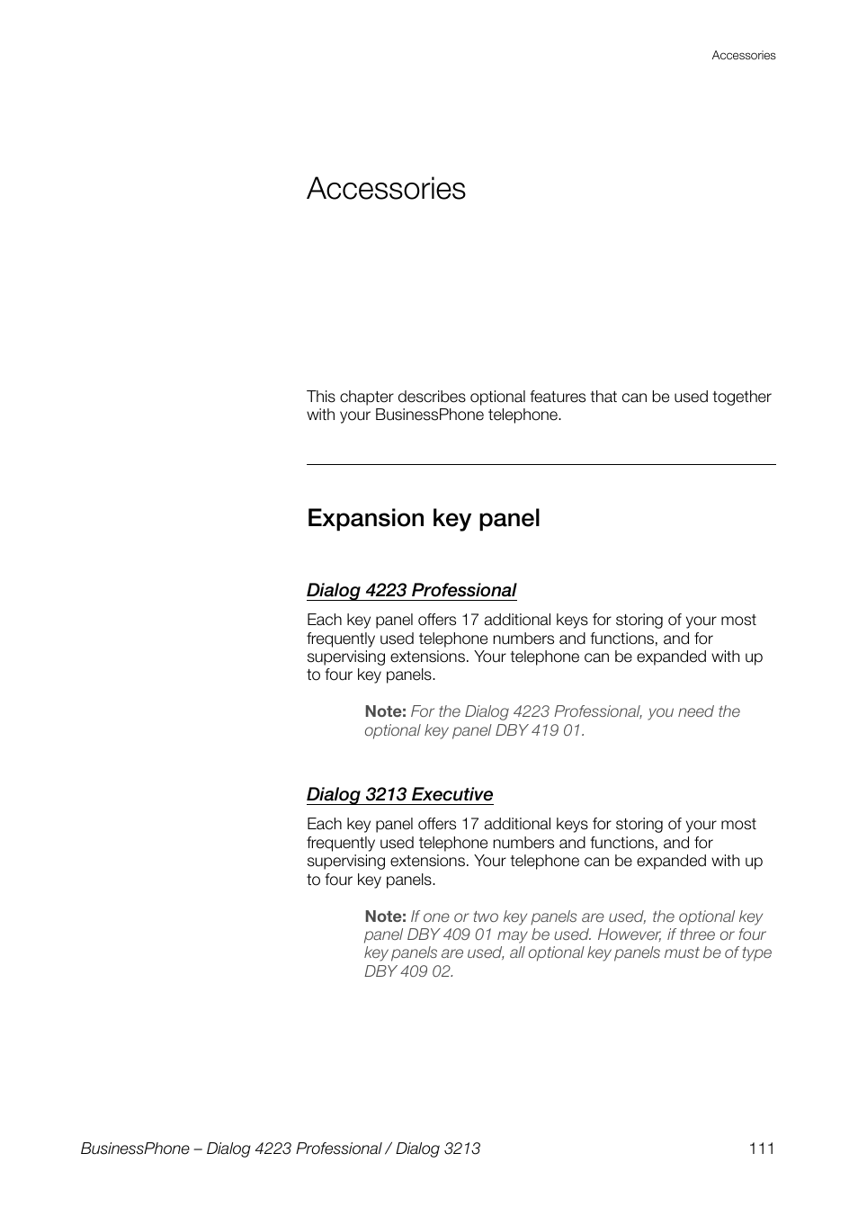 Accessories, Expansion key panel, Dialog 4223 professional | Dialog 3213 executive, Section | AASTRA 4223 Professional for BusinessPhone User Guide User Manual | Page 111 / 138