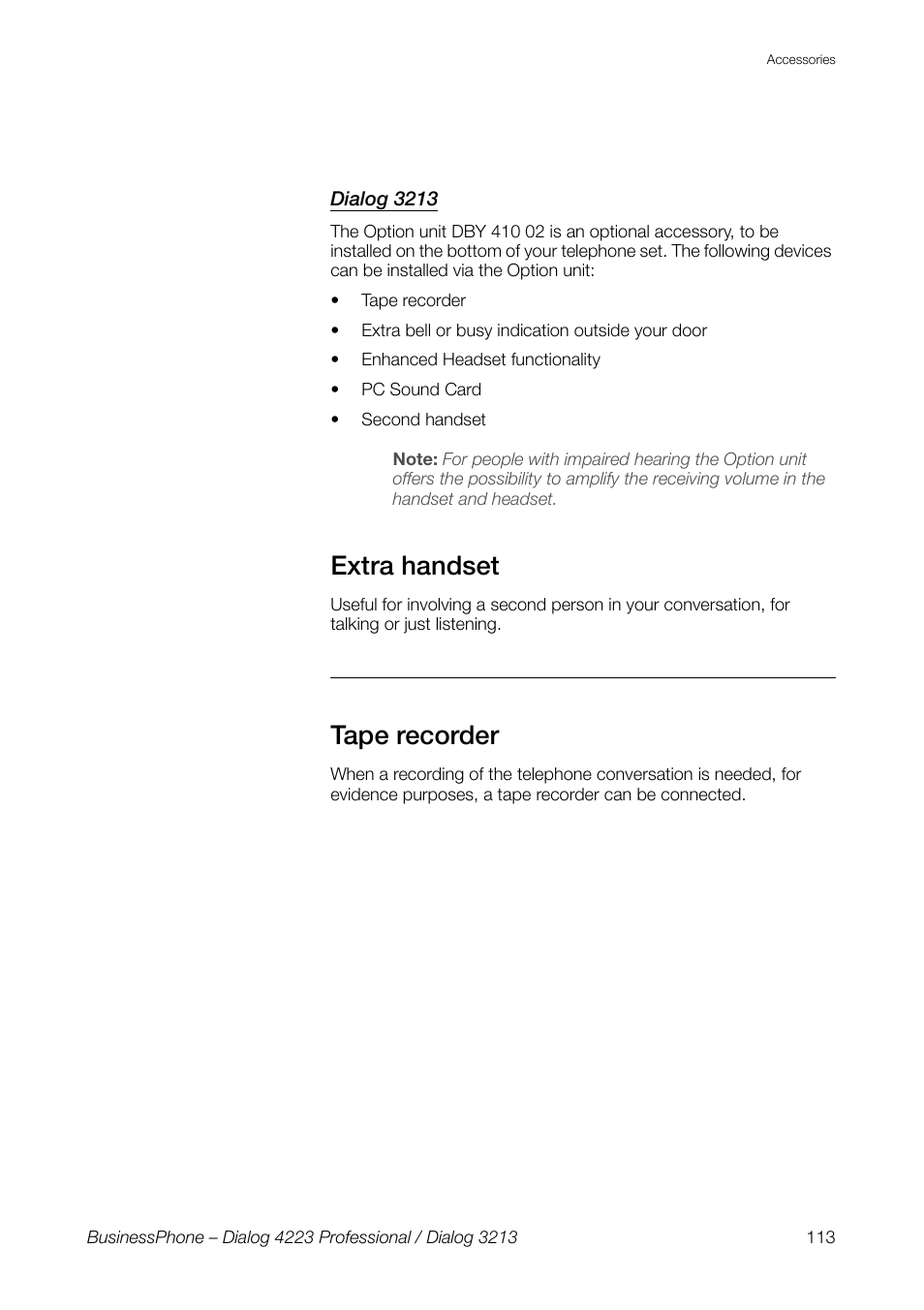 Dialog 3213, Extra handset, Tape recorder | AASTRA 4223 Professional for BusinessPhone User Guide User Manual | Page 113 / 138