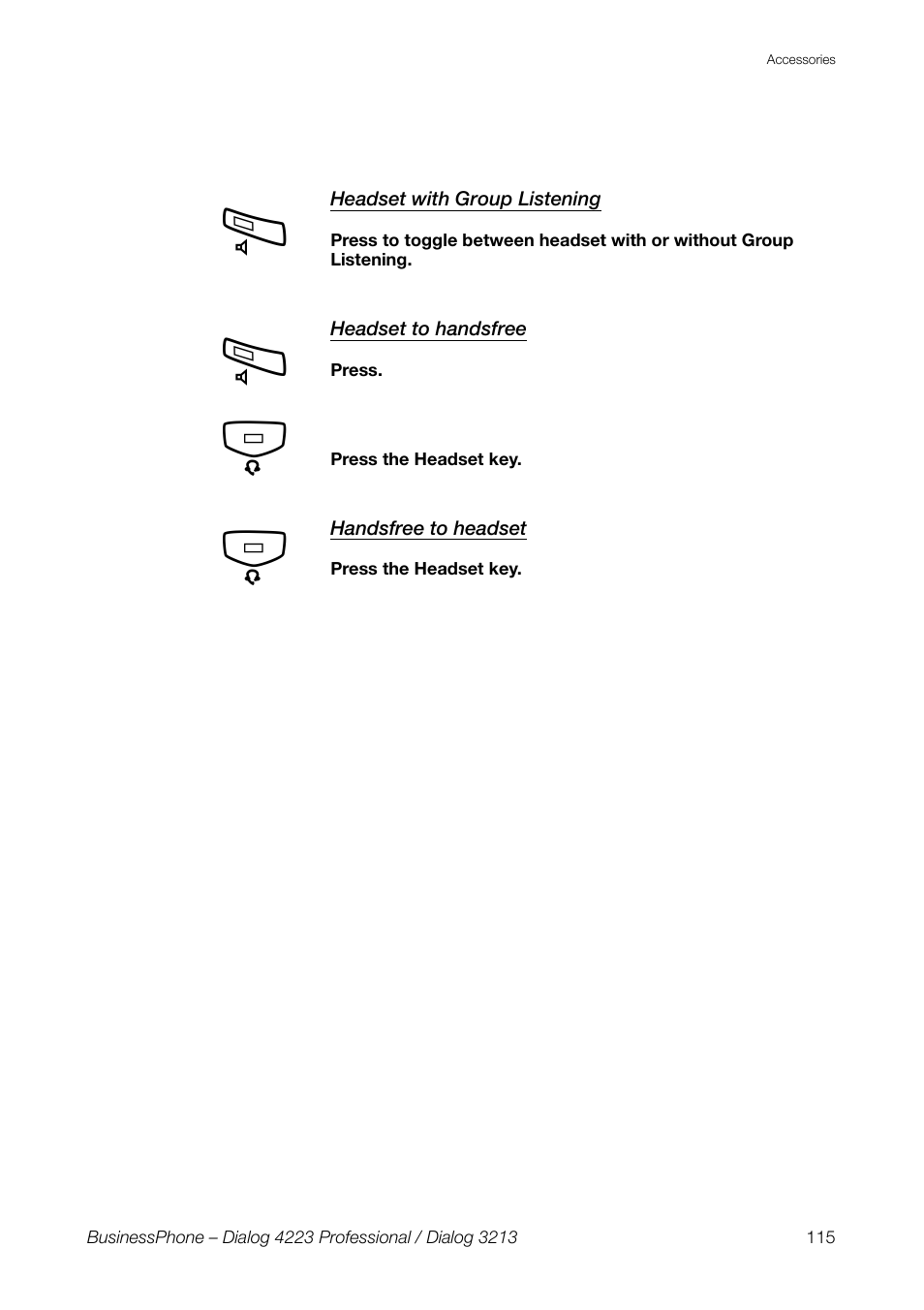 Headset with group listening, Headset to handsfree, Handsfree to headset | AASTRA 4223 Professional for BusinessPhone User Guide User Manual | Page 115 / 138