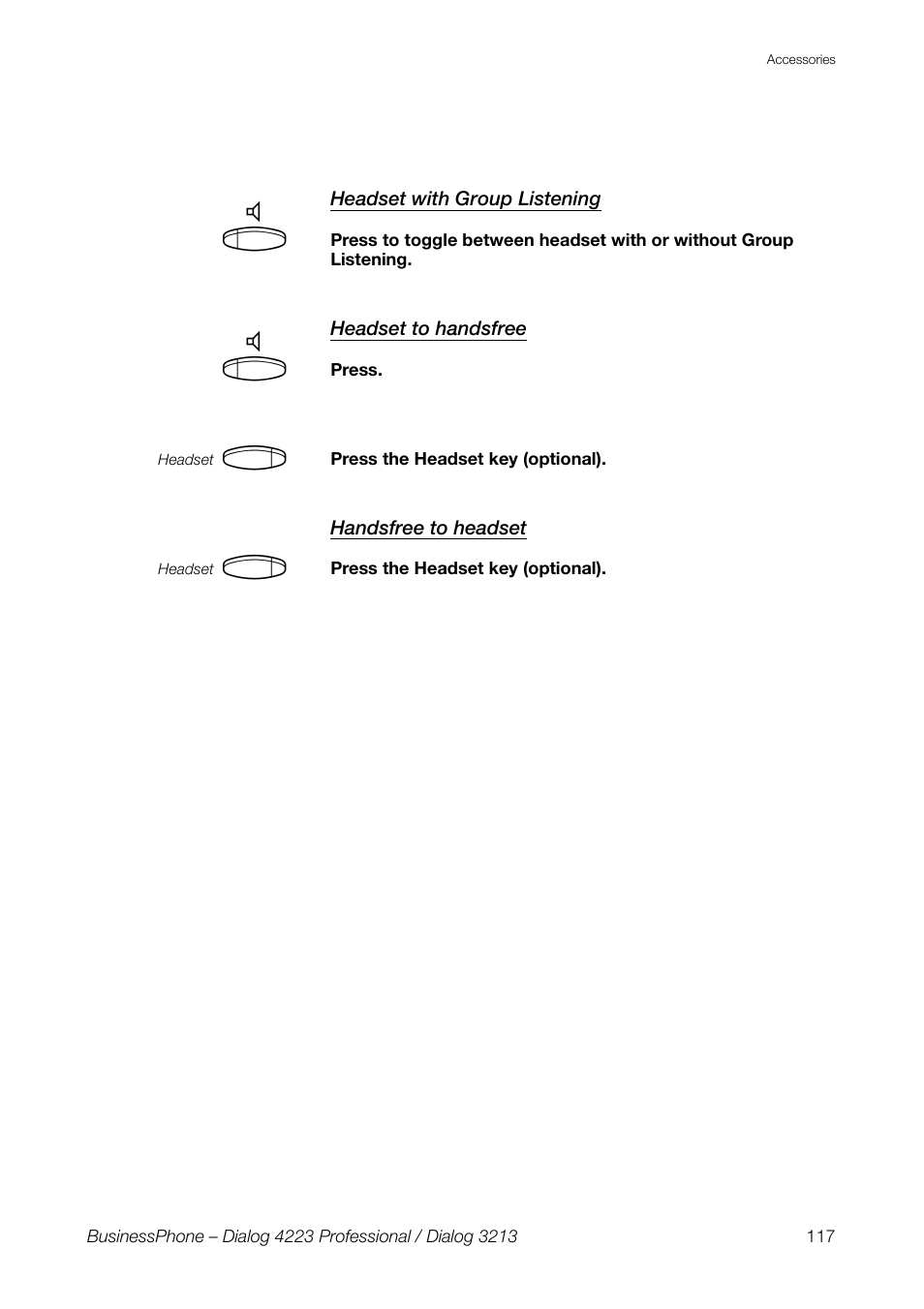 Headset with group listening, Headset to handsfree, Handsfree to headset | AASTRA 4223 Professional for BusinessPhone User Guide User Manual | Page 117 / 138