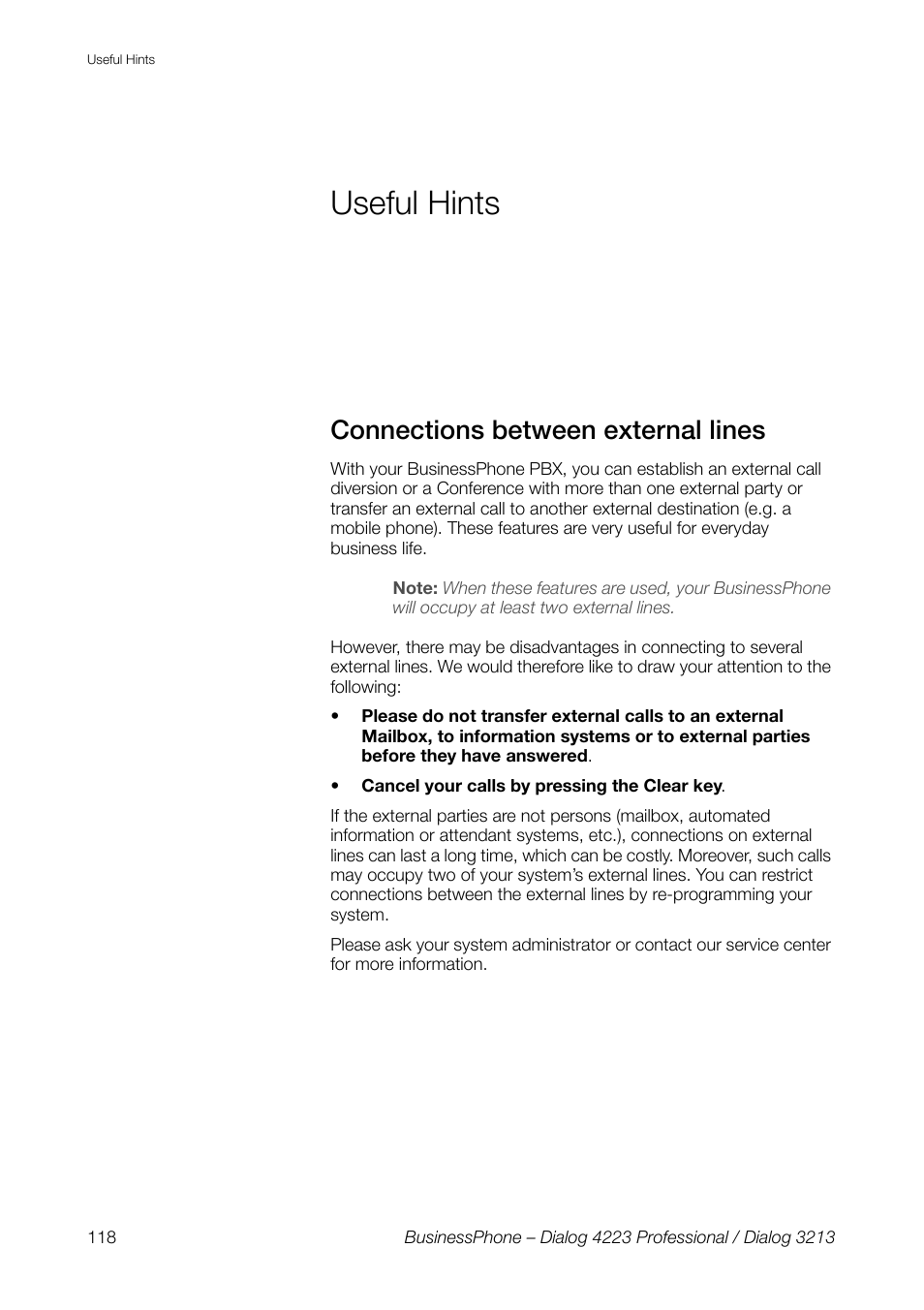 Useful hints, Connections between external lines, Useful | Hints | AASTRA 4223 Professional for BusinessPhone User Guide User Manual | Page 118 / 138