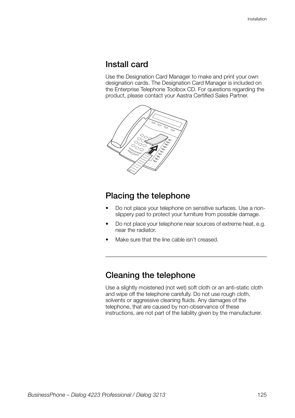 Install card, Placing the telephone, Cleaning the telephone | AASTRA 4223 Professional for BusinessPhone User Guide User Manual | Page 125 / 138