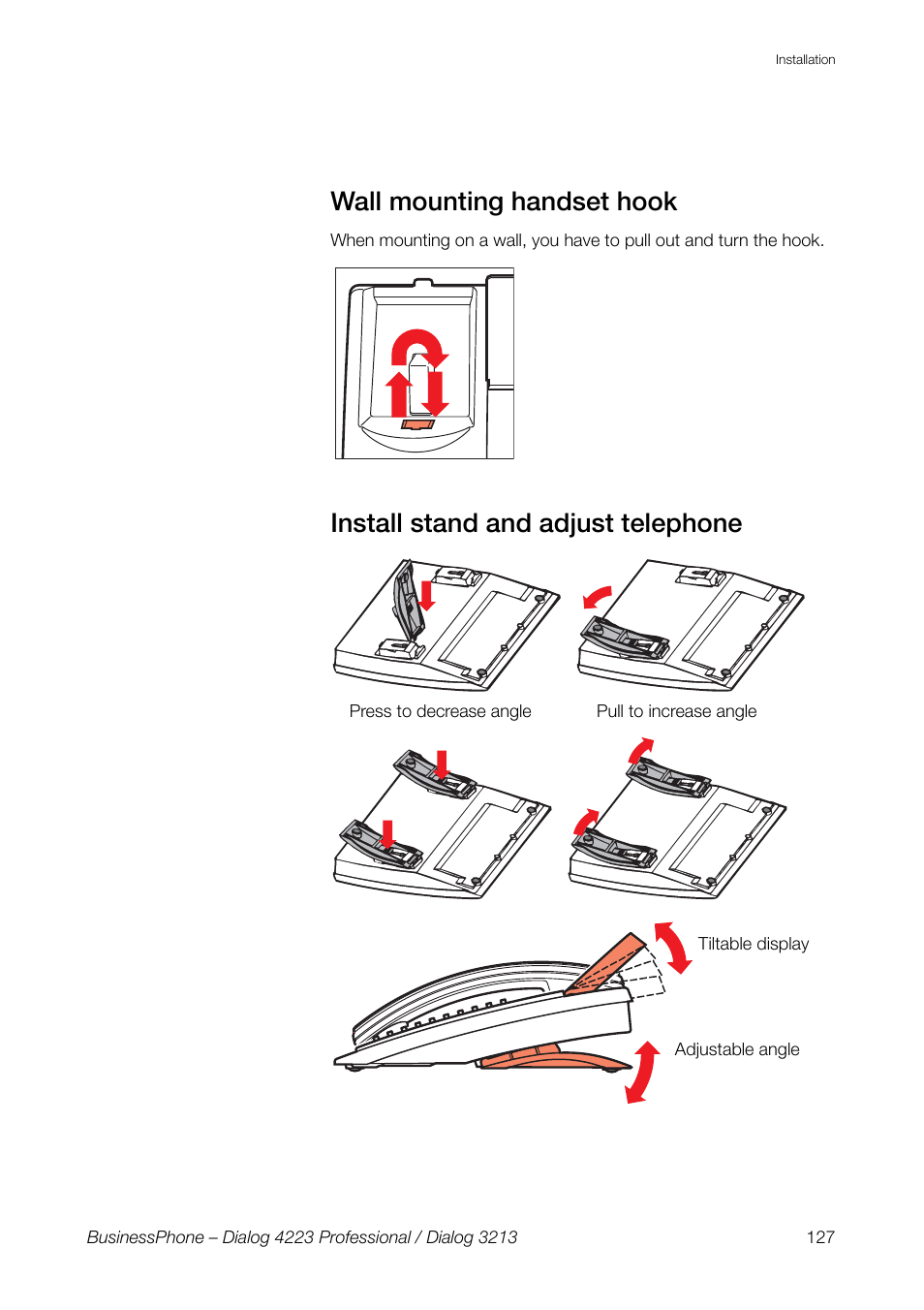 Wall mounting handset hook, Install stand and adjust telephone | AASTRA 4223 Professional for BusinessPhone User Guide User Manual | Page 127 / 138