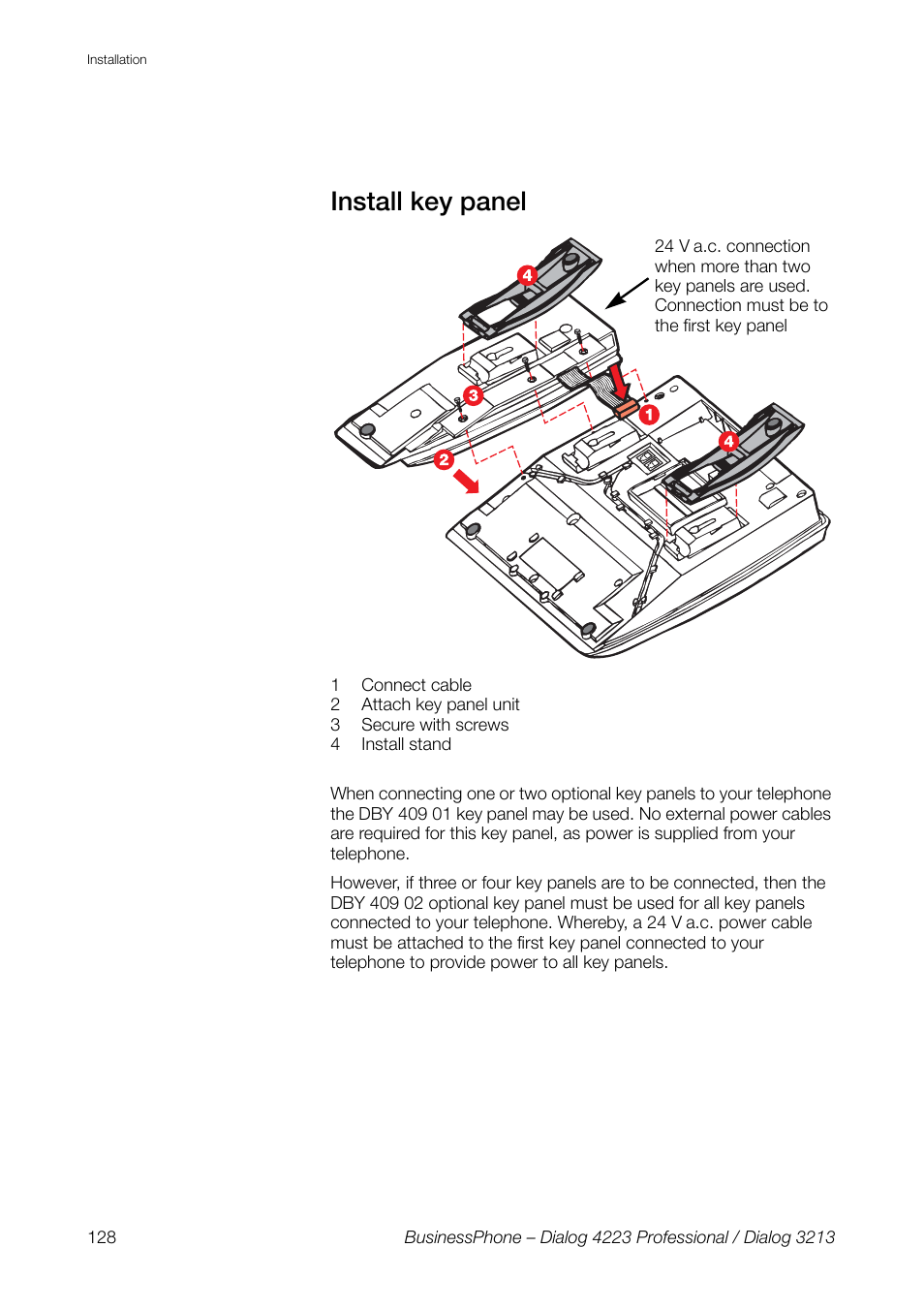 Install key panel | AASTRA 4223 Professional for BusinessPhone User Guide User Manual | Page 128 / 138