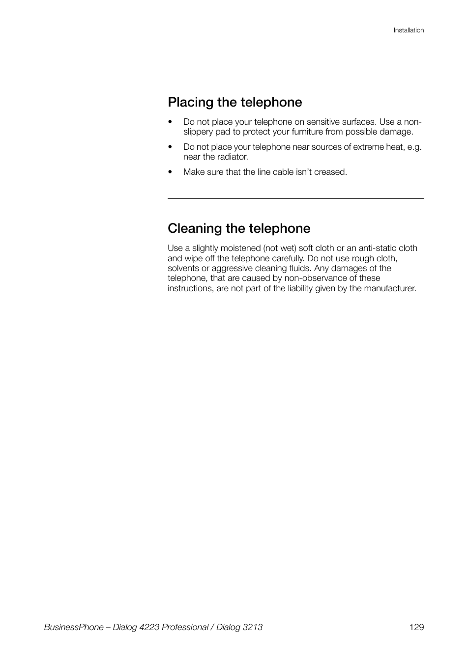 Placing the telephone, Cleaning the telephone | AASTRA 4223 Professional for BusinessPhone User Guide User Manual | Page 129 / 138