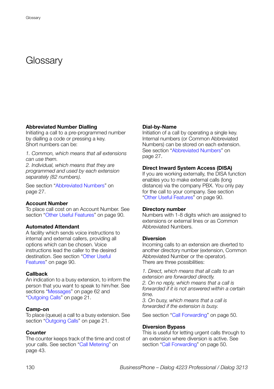 Glossary | AASTRA 4223 Professional for BusinessPhone User Guide User Manual | Page 130 / 138