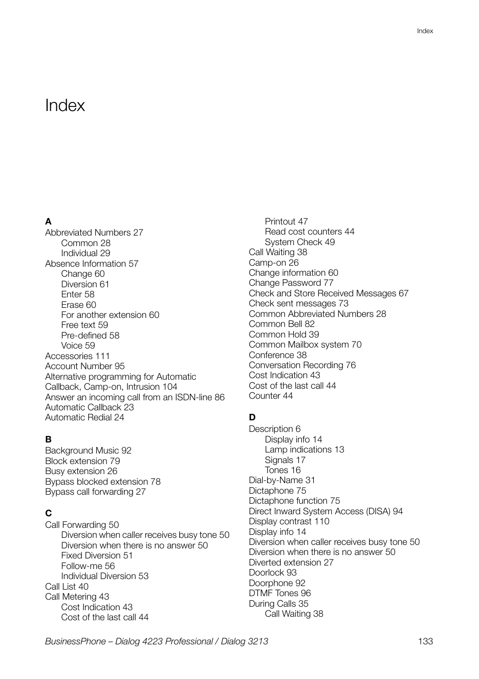 Index | AASTRA 4223 Professional for BusinessPhone User Guide User Manual | Page 133 / 138