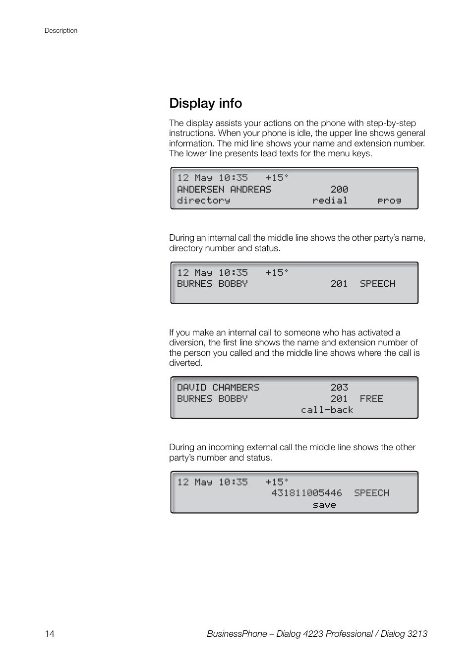 Display info, Section | AASTRA 4223 Professional for BusinessPhone User Guide User Manual | Page 14 / 138