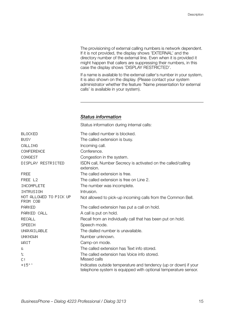 Status information | AASTRA 4223 Professional for BusinessPhone User Guide User Manual | Page 15 / 138