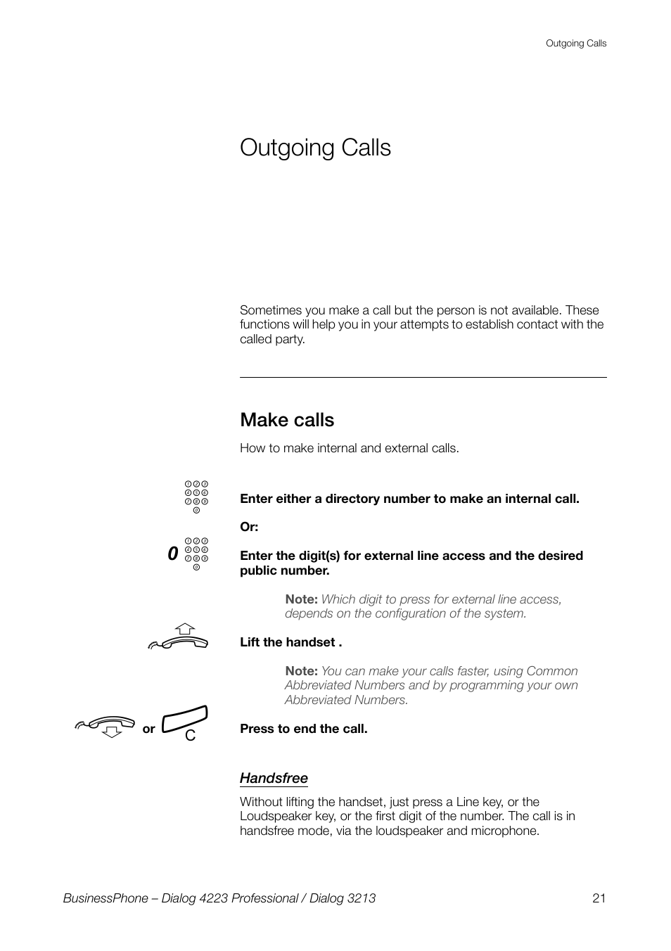 Outgoing calls, Make calls, Handsfree | AASTRA 4223 Professional for BusinessPhone User Guide User Manual | Page 21 / 138