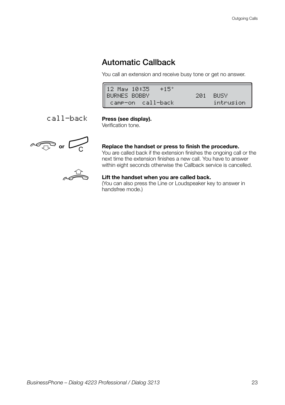 Automatic callback | AASTRA 4223 Professional for BusinessPhone User Guide User Manual | Page 23 / 138