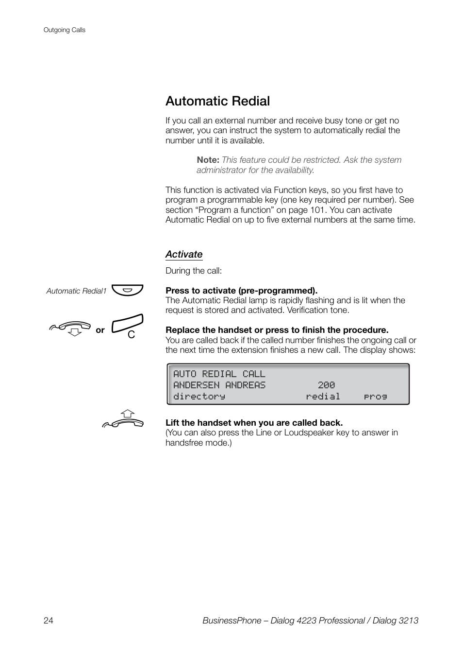 Automatic redial, Activate | AASTRA 4223 Professional for BusinessPhone User Guide User Manual | Page 24 / 138