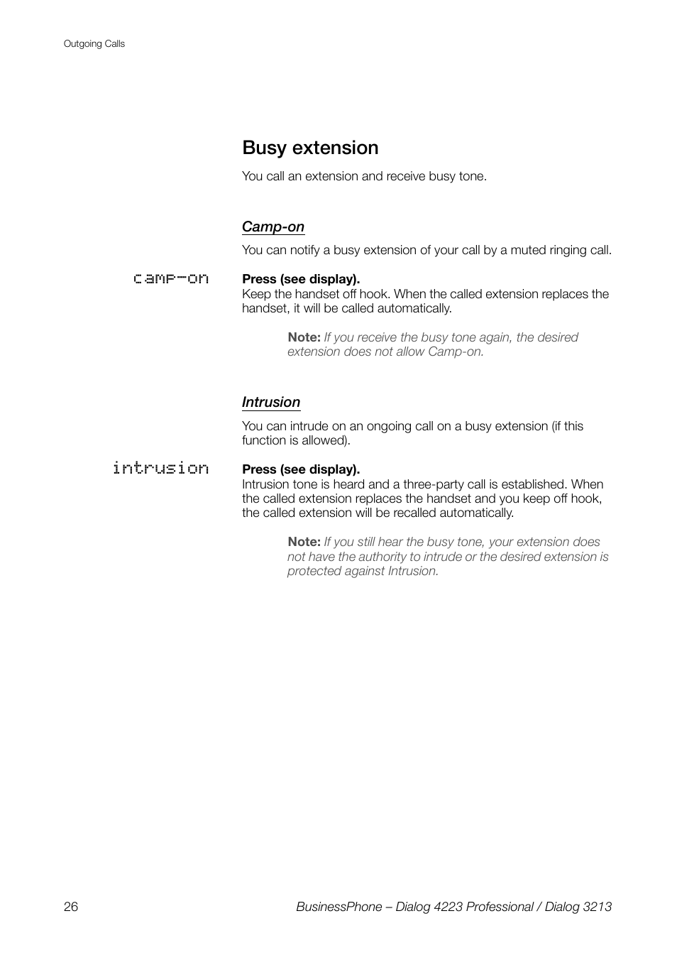 Busy extension, Camp-on, Intrusion | AASTRA 4223 Professional for BusinessPhone User Guide User Manual | Page 26 / 138