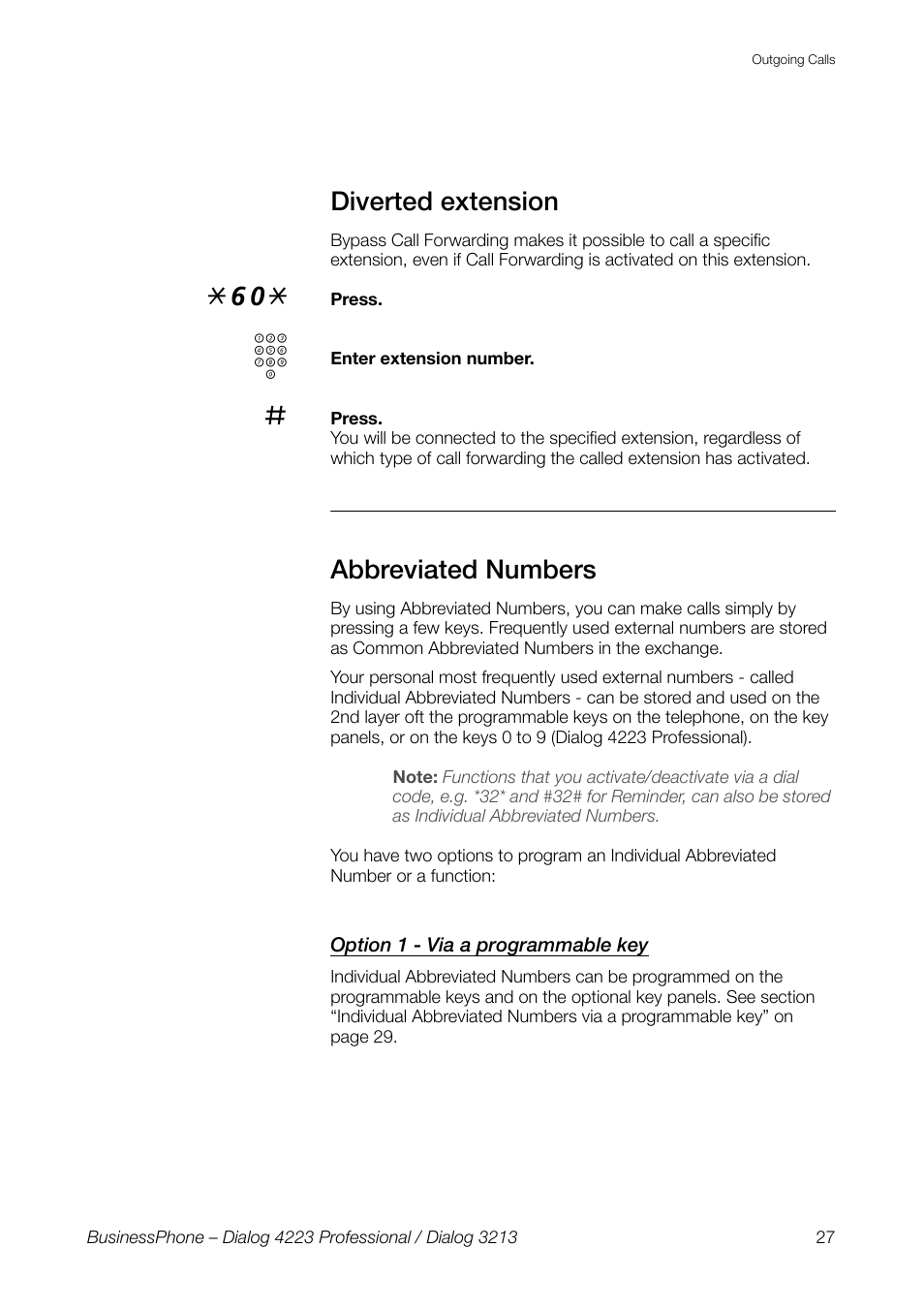 Diverted extension, Abbreviated numbers, Option 1 - via a programmable key | AASTRA 4223 Professional for BusinessPhone User Guide User Manual | Page 27 / 138