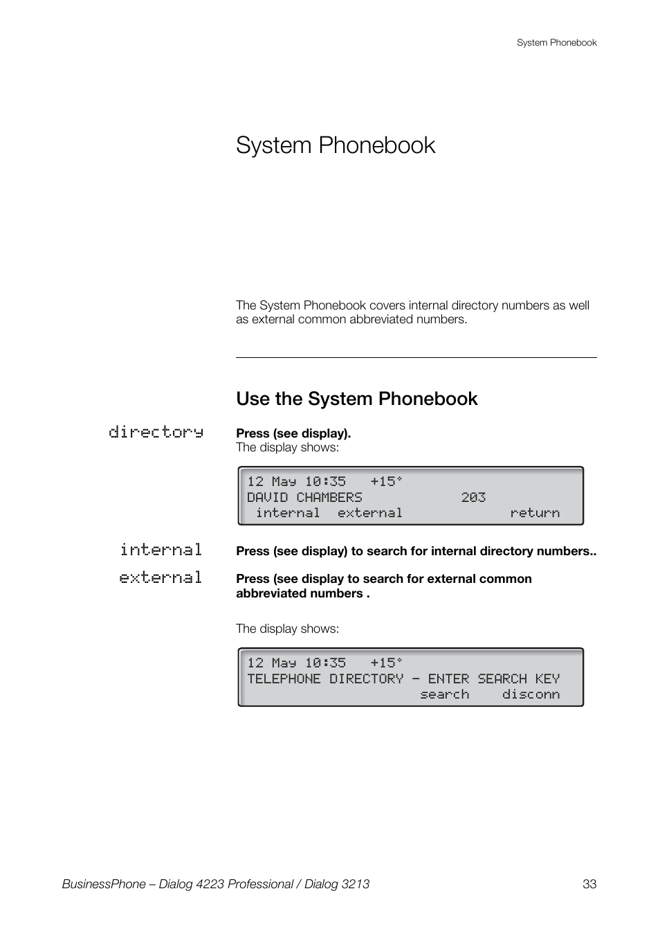 System phonebook, Use the system phonebook | AASTRA 4223 Professional for BusinessPhone User Guide User Manual | Page 33 / 138