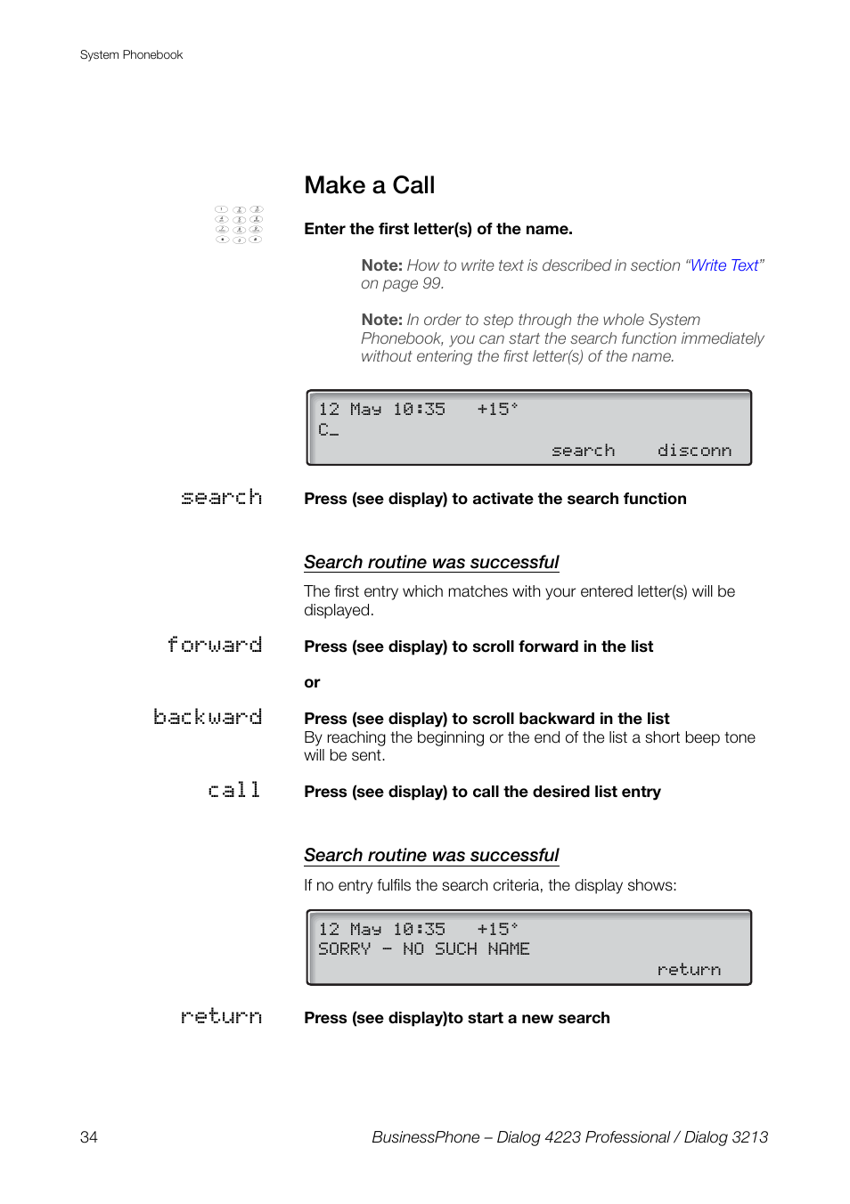 Make a call, Search routine was successful | AASTRA 4223 Professional for BusinessPhone User Guide User Manual | Page 34 / 138