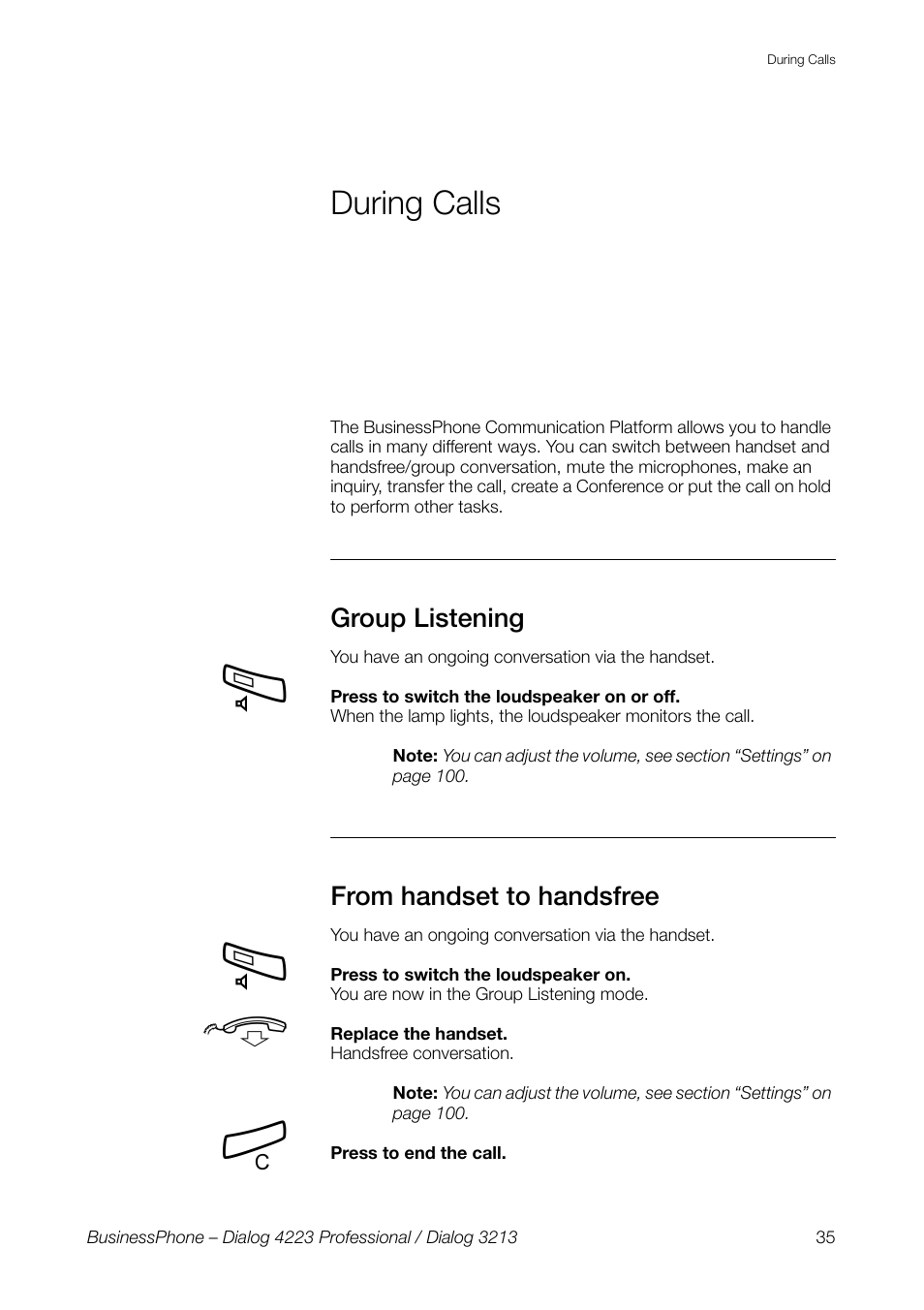During calls, Group listening, From handset to handsfree | Ongoing call. see section, Ions, E section, Section | AASTRA 4223 Professional for BusinessPhone User Guide User Manual | Page 35 / 138