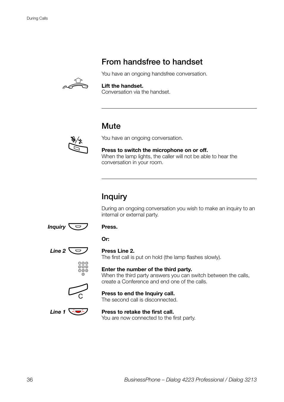 From handsfree to handset, Mute, Inquiry | AASTRA 4223 Professional for BusinessPhone User Guide User Manual | Page 36 / 138