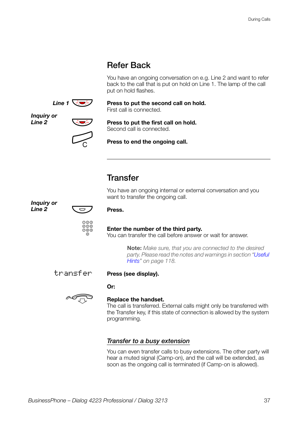 Refer back, Transfer, Transfer to a busy extension | AASTRA 4223 Professional for BusinessPhone User Guide User Manual | Page 37 / 138