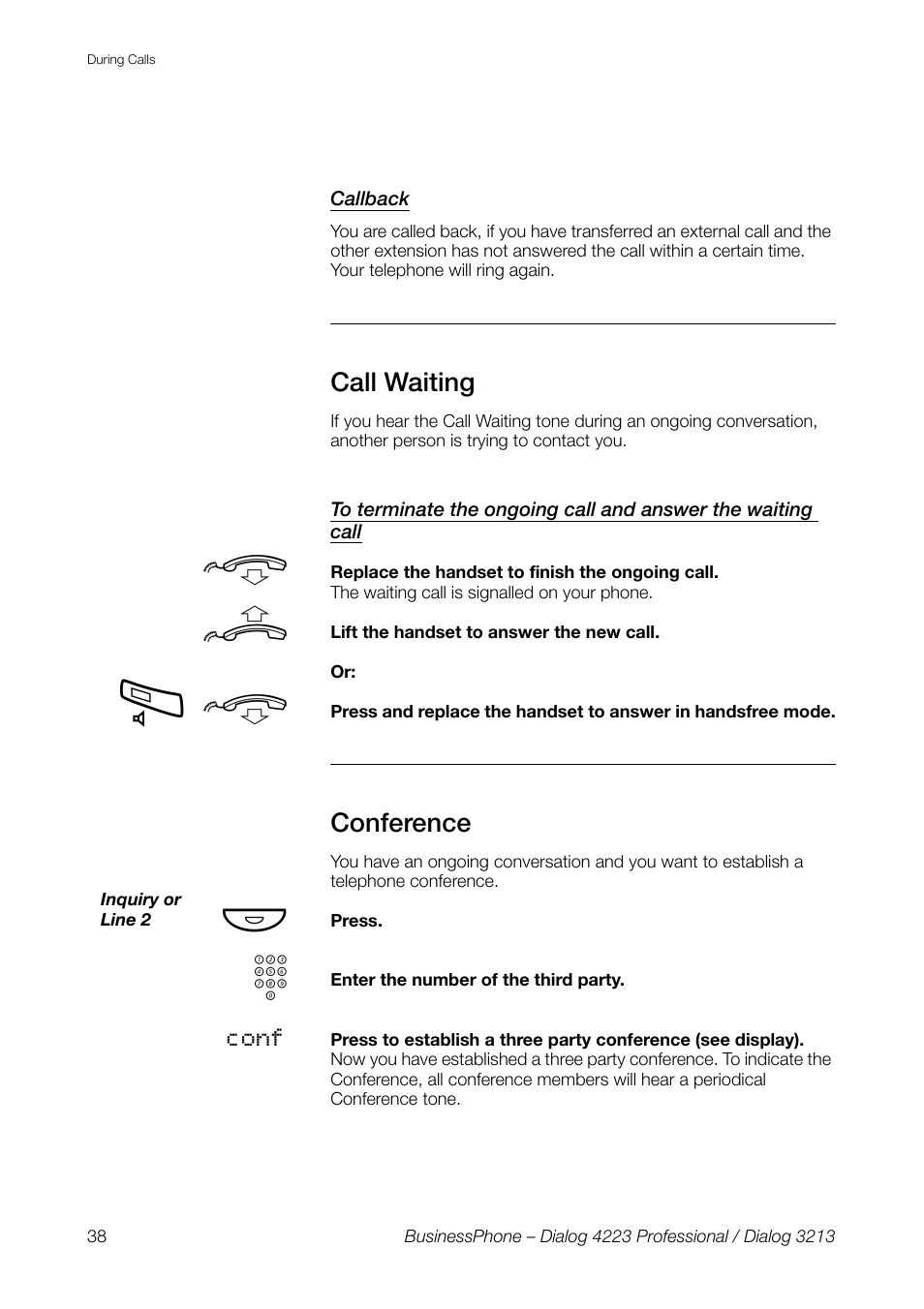 Callback, Call waiting, Conference | AASTRA 4223 Professional for BusinessPhone User Guide User Manual | Page 38 / 138