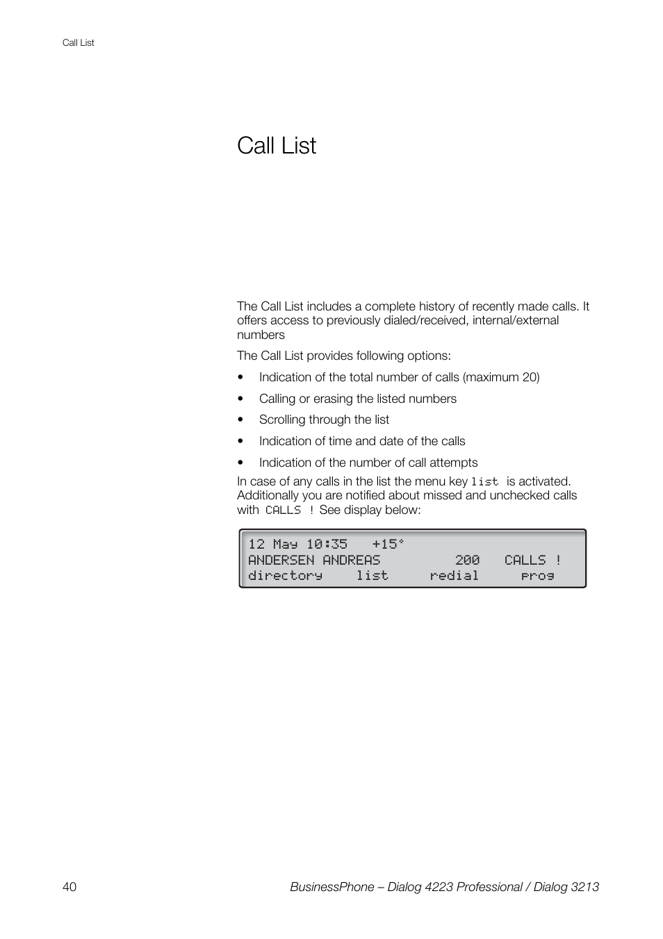 Call list | AASTRA 4223 Professional for BusinessPhone User Guide User Manual | Page 40 / 138