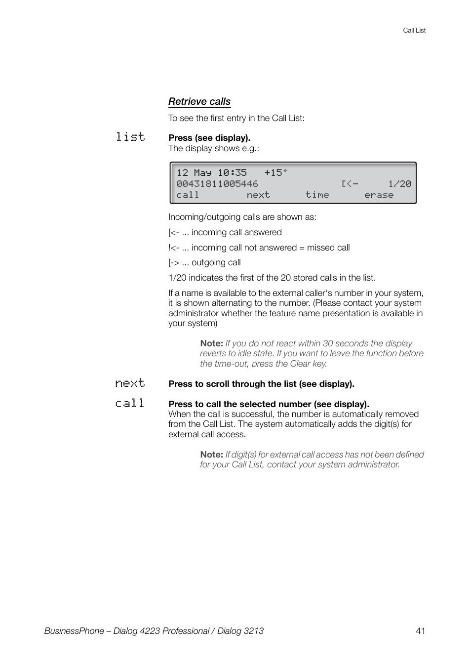 Retrieve calls | AASTRA 4223 Professional for BusinessPhone User Guide User Manual | Page 41 / 138