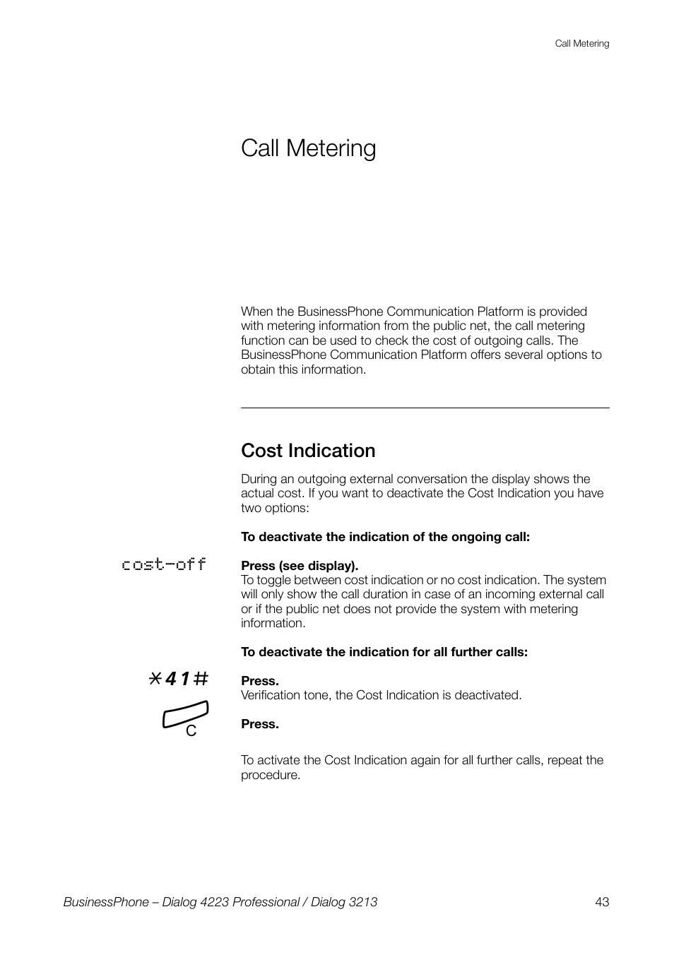 Call metering, Cost indication | AASTRA 4223 Professional for BusinessPhone User Guide User Manual | Page 43 / 138