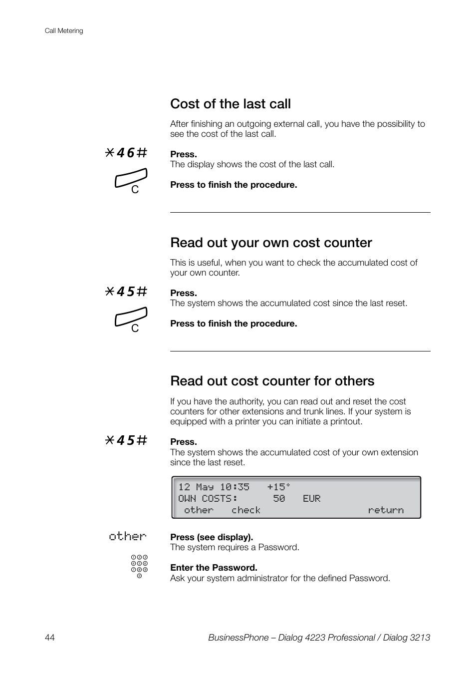 Cost of the last call, Read out your own cost counter, Read out cost counter for others | AASTRA 4223 Professional for BusinessPhone User Guide User Manual | Page 44 / 138