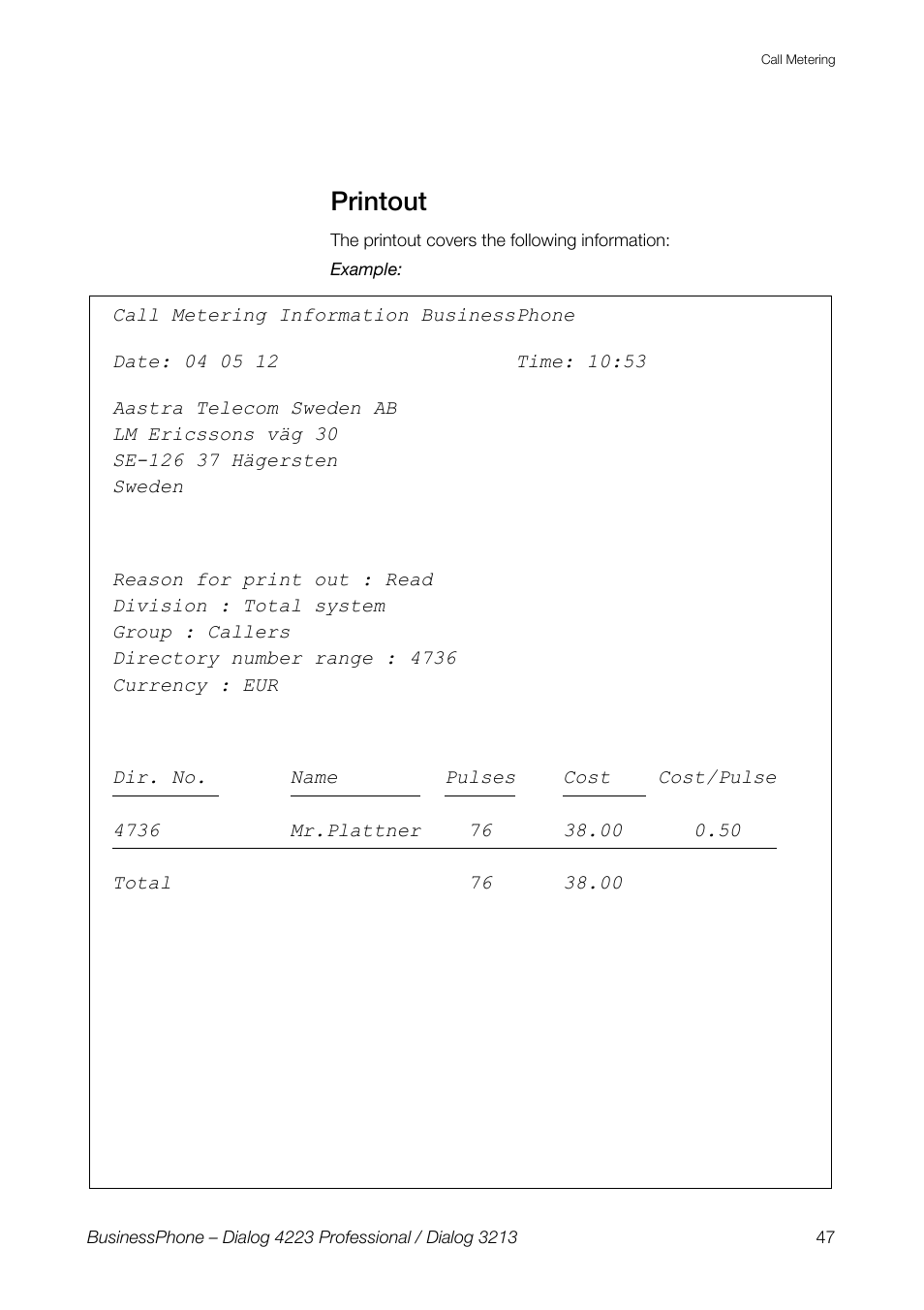 Printout | AASTRA 4223 Professional for BusinessPhone User Guide User Manual | Page 47 / 138