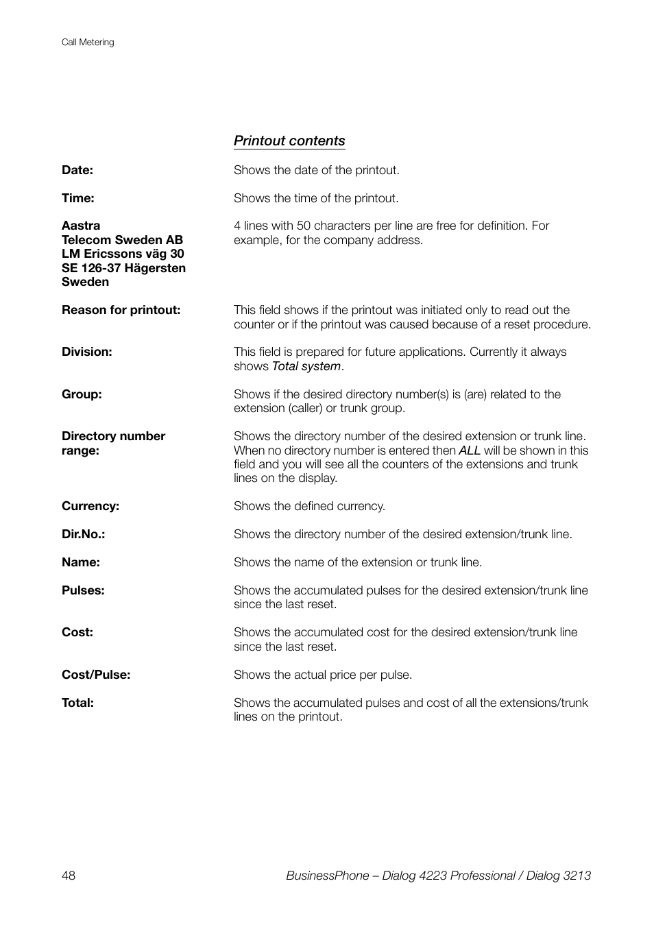 Printout contents | AASTRA 4223 Professional for BusinessPhone User Guide User Manual | Page 48 / 138