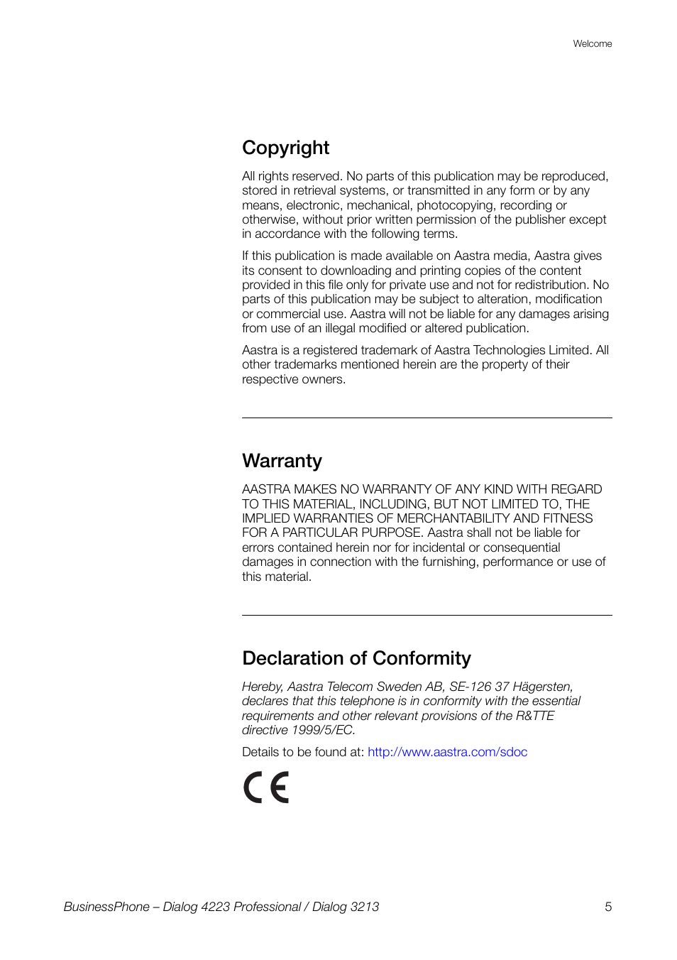 Copyright, Warranty, Declaration of conformity | AASTRA 4223 Professional for BusinessPhone User Guide User Manual | Page 5 / 138