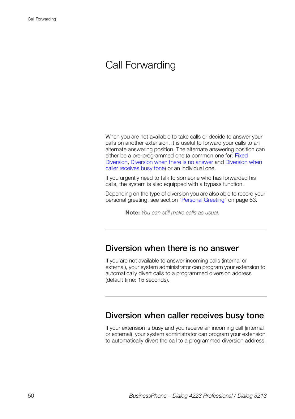 Call forwarding, Diversion when there is no answer, Diversion when caller receives busy tone | AASTRA 4223 Professional for BusinessPhone User Guide User Manual | Page 50 / 138