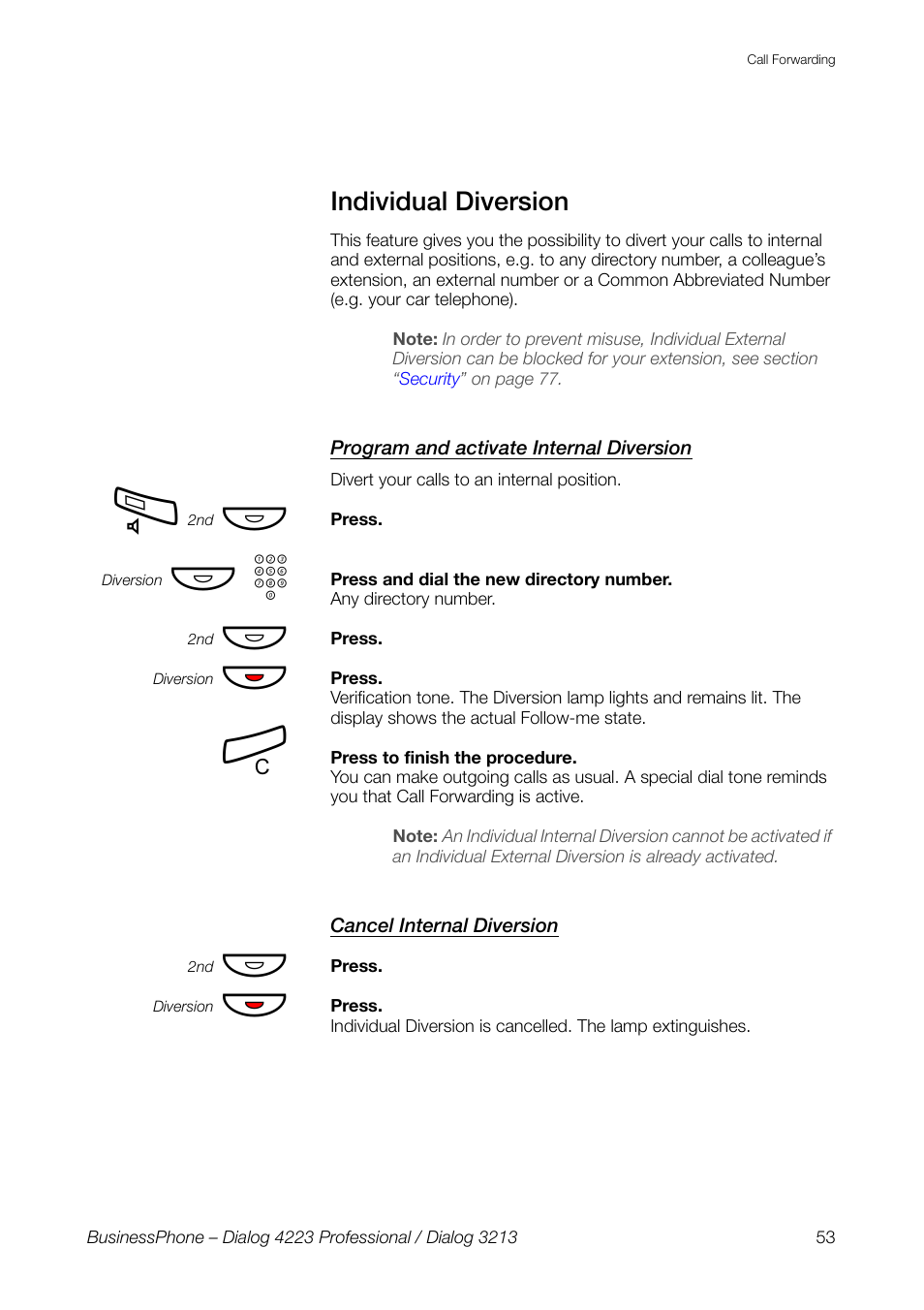 Individual diversion, Program and activate internal diversion, Cancel internal diversion | AASTRA 4223 Professional for BusinessPhone User Guide User Manual | Page 53 / 138