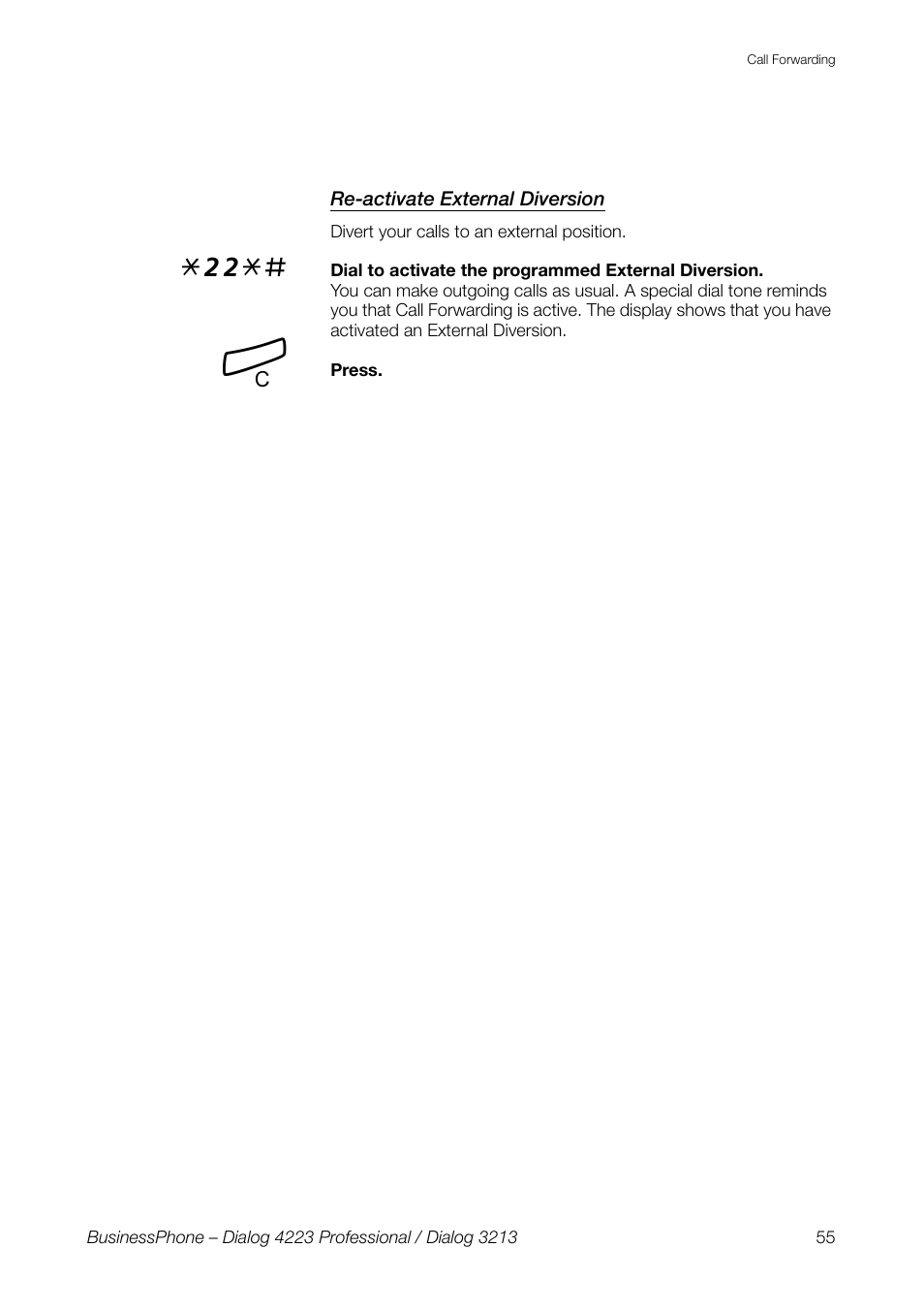 Re-activate external diversion | AASTRA 4223 Professional for BusinessPhone User Guide User Manual | Page 55 / 138