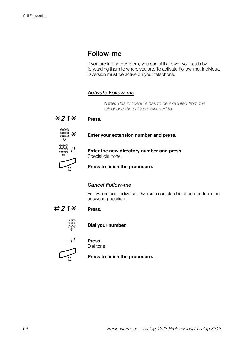 Follow-me, Activate follow-me, Cancel follow-me | AASTRA 4223 Professional for BusinessPhone User Guide User Manual | Page 56 / 138