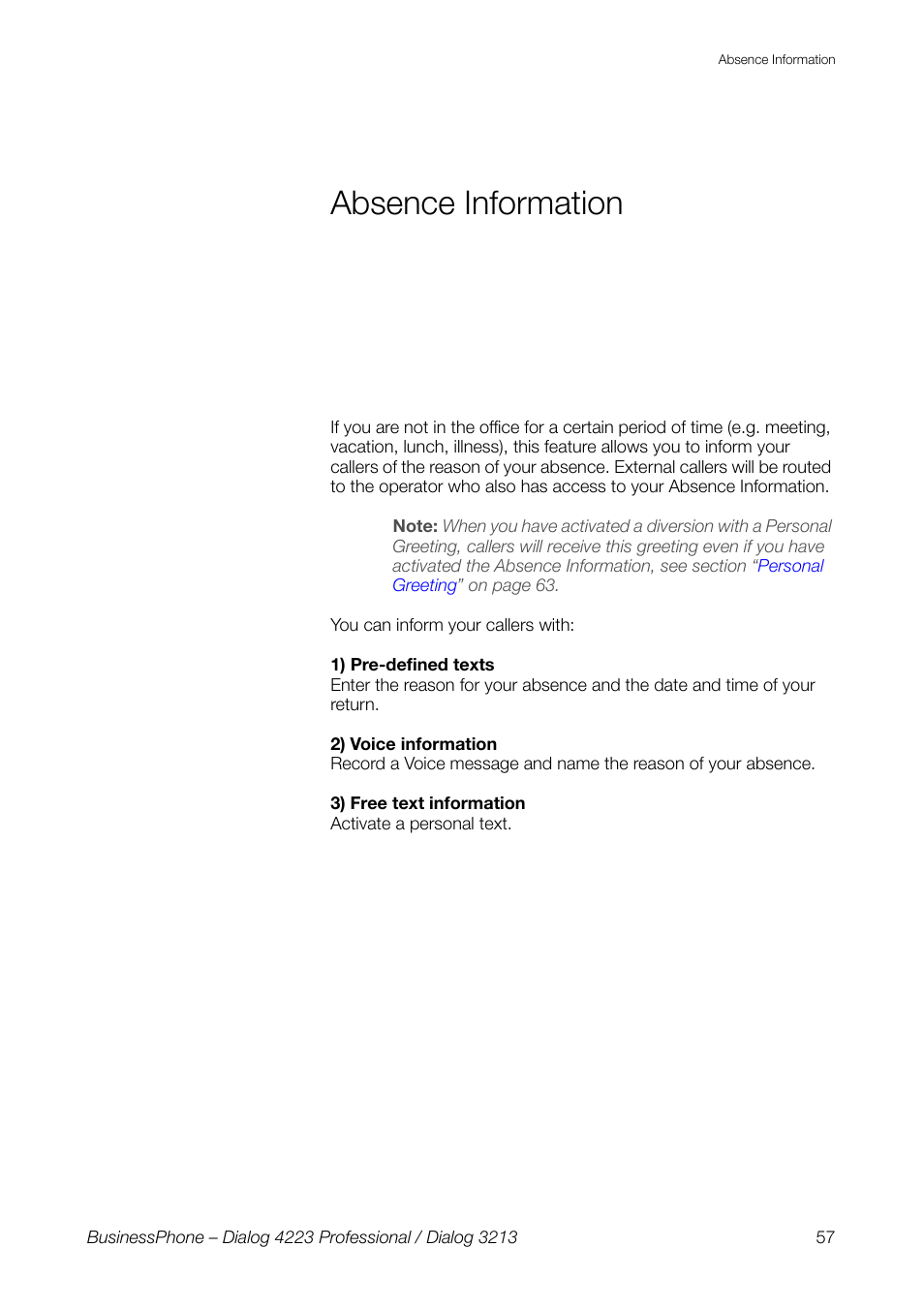 Absence information | AASTRA 4223 Professional for BusinessPhone User Guide User Manual | Page 57 / 138