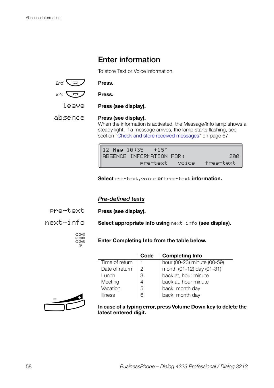 Enter information, Pre-defined texts | AASTRA 4223 Professional for BusinessPhone User Guide User Manual | Page 58 / 138