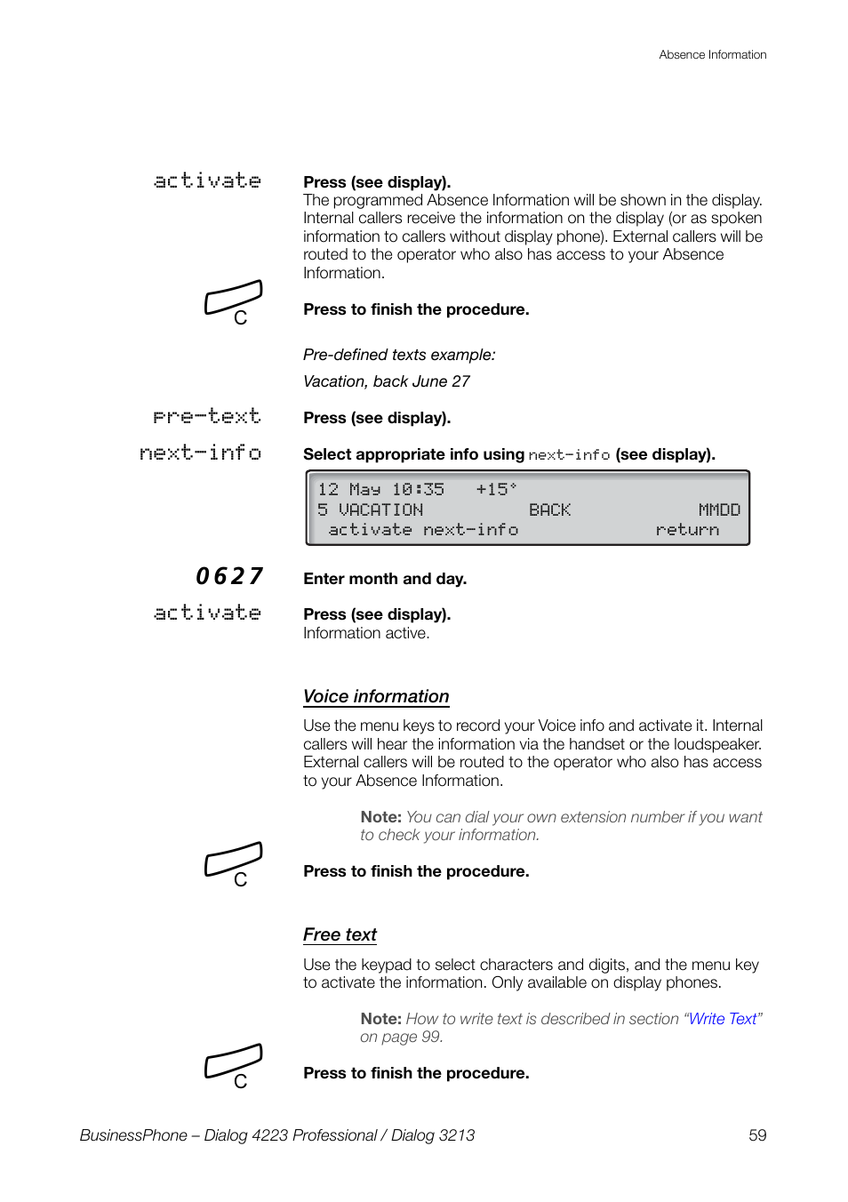 Voice information, Free text | AASTRA 4223 Professional for BusinessPhone User Guide User Manual | Page 59 / 138