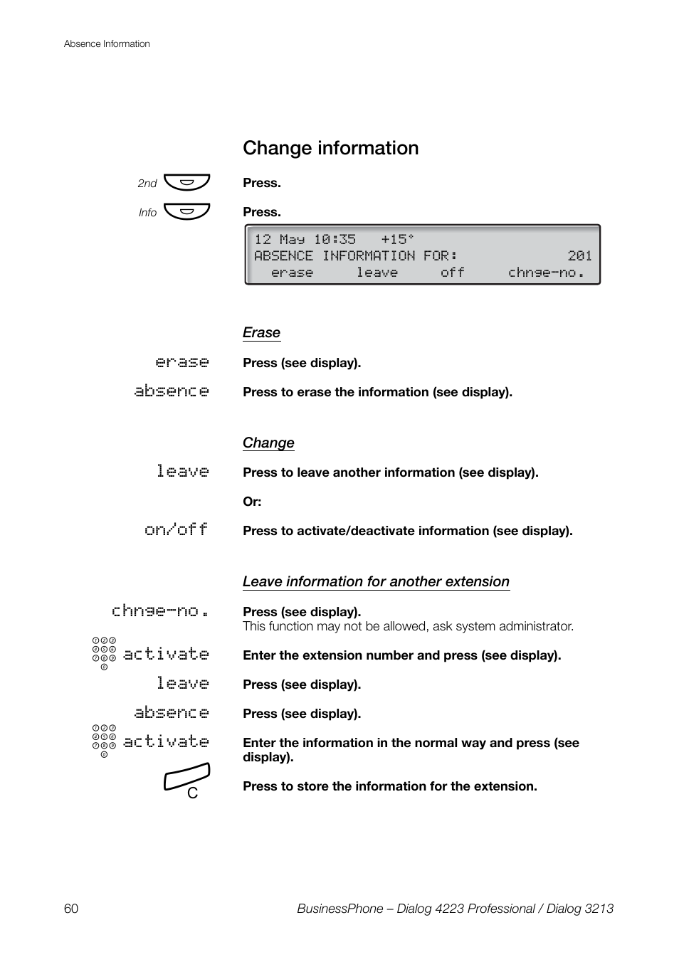 Change information, Erase, Change | Leave information for another extension | AASTRA 4223 Professional for BusinessPhone User Guide User Manual | Page 60 / 138