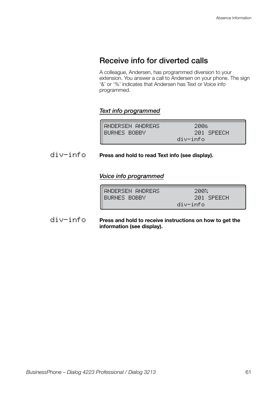 Receive info for diverted calls, Text info programmed, Voice info programmed | AASTRA 4223 Professional for BusinessPhone User Guide User Manual | Page 61 / 138