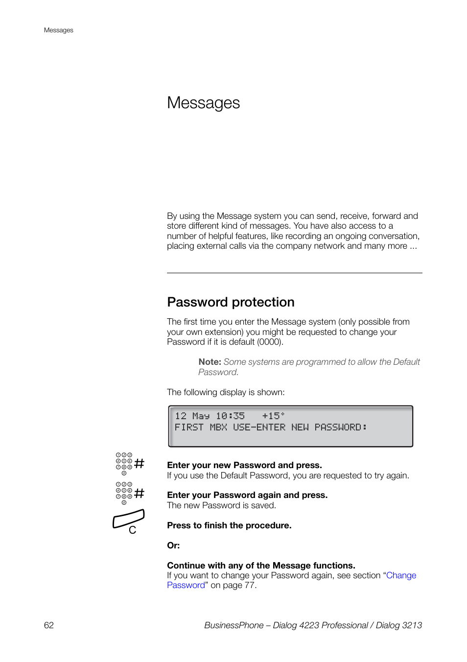 Messages, Password protection | AASTRA 4223 Professional for BusinessPhone User Guide User Manual | Page 62 / 138