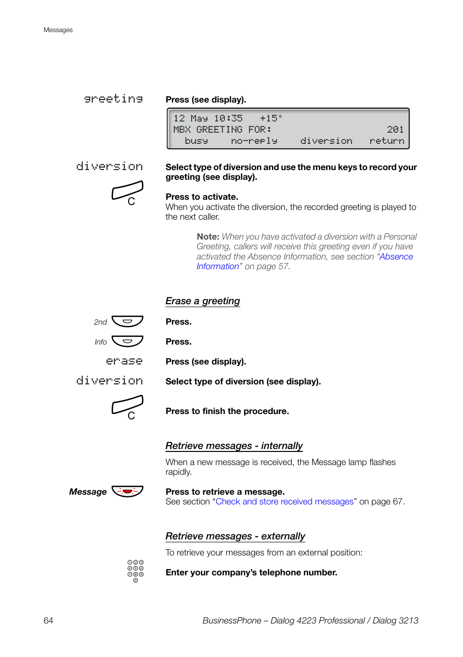 Erase a greeting, Retrieve messages - internally, Retrieve messages - externally | AASTRA 4223 Professional for BusinessPhone User Guide User Manual | Page 64 / 138