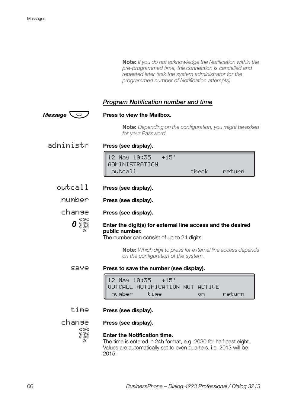Program notification number and time | AASTRA 4223 Professional for BusinessPhone User Guide User Manual | Page 66 / 138