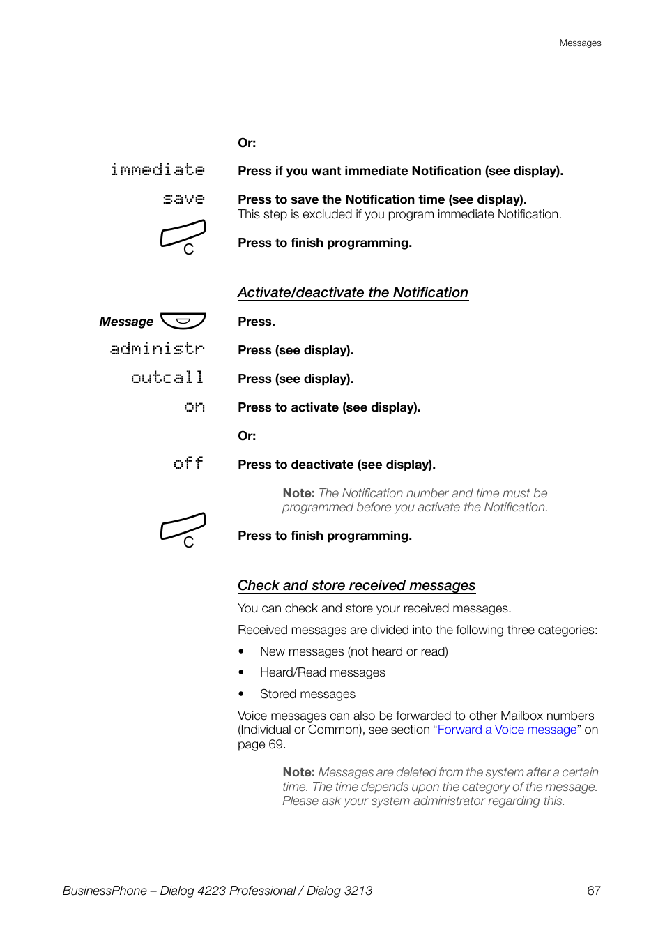 Activate/deactivate the notification, Check and store received messages | AASTRA 4223 Professional for BusinessPhone User Guide User Manual | Page 67 / 138