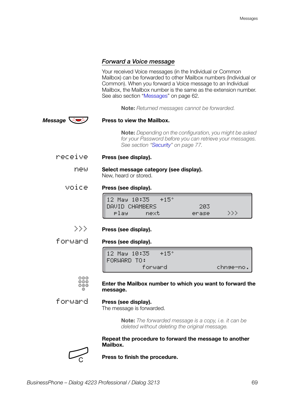 Forward a voice message | AASTRA 4223 Professional for BusinessPhone User Guide User Manual | Page 69 / 138