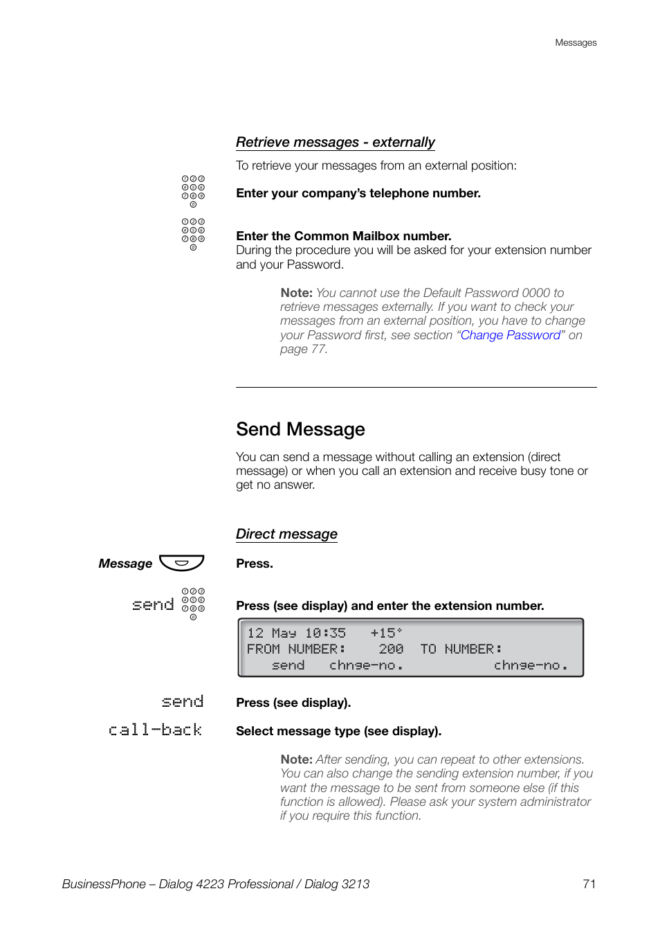 Retrieve messages - externally, Send message, Direct message | AASTRA 4223 Professional for BusinessPhone User Guide User Manual | Page 71 / 138