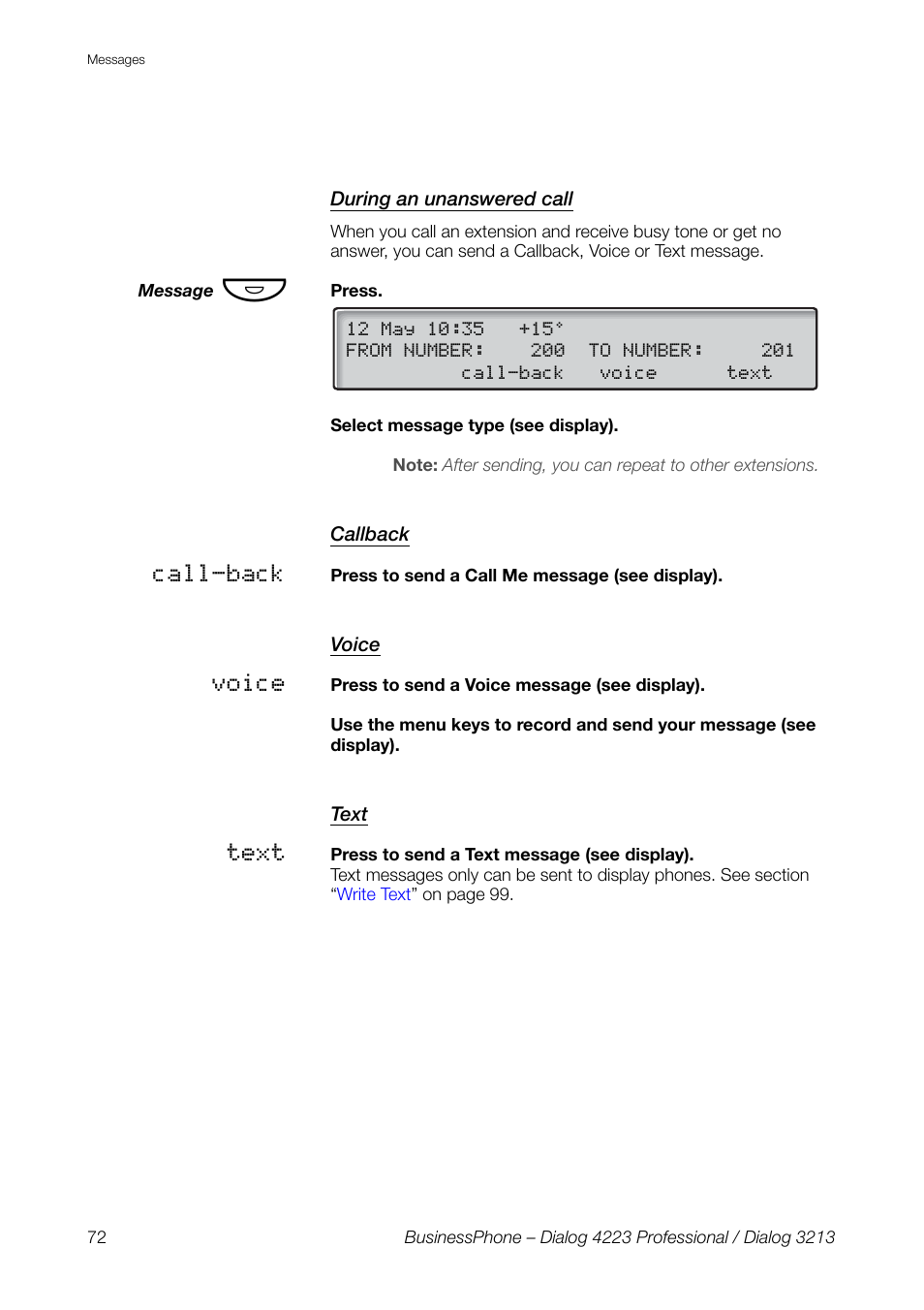 During an unanswered call, Callback, Voice | Text | AASTRA 4223 Professional for BusinessPhone User Guide User Manual | Page 72 / 138