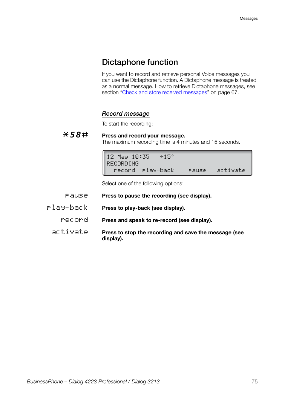 Dictaphone function, Record message | AASTRA 4223 Professional for BusinessPhone User Guide User Manual | Page 75 / 138